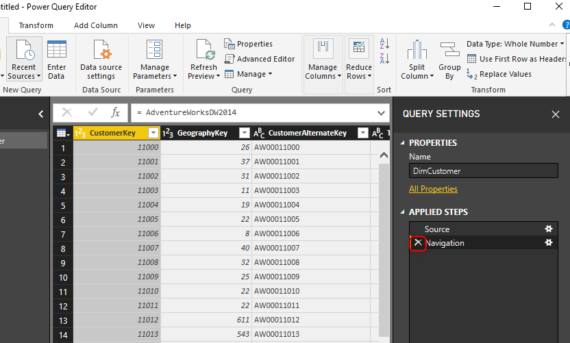 Table columns name. Power bi SQL. Power query Editor. Query parameters. Power query excel SQL.